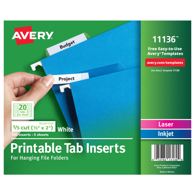 AVERY PRODUCTS CORPORATION 11136 Avery Printable Tab Inserts For Hanging File Folders, 1/5 Cut For 2in Tabs, White, Box Of 100 AVERY PRODUCTS CORPORATION 11136 Avery Printable Tab Inserts For Hanging File Folders, 1/5 Cut For 2in Tabs, White, Box Of 100