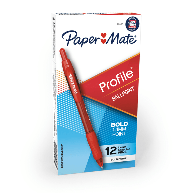 NEWELL BRANDS INC. 89467 Paper Mate Profile Retractable Ballpoint Pens, Bold Point, 1.4 mm, Translucent Barrel, Red Ink, Pack Of 12