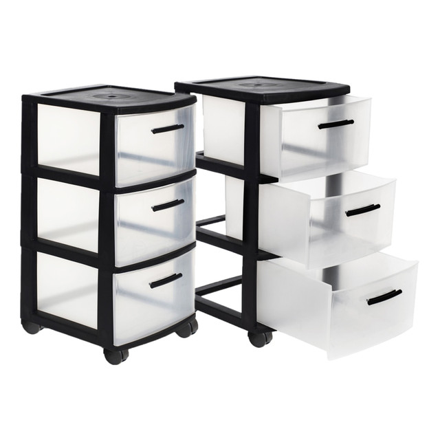 INVAL AMERICA, INC. 547-BLK2PK Inval MQ 3-Drawer Rolling Storage Cabinets, 25-1/2inH x 12-1/2inW x 14-1/2inD, Black/Clear, Set Of 2 Cabinets