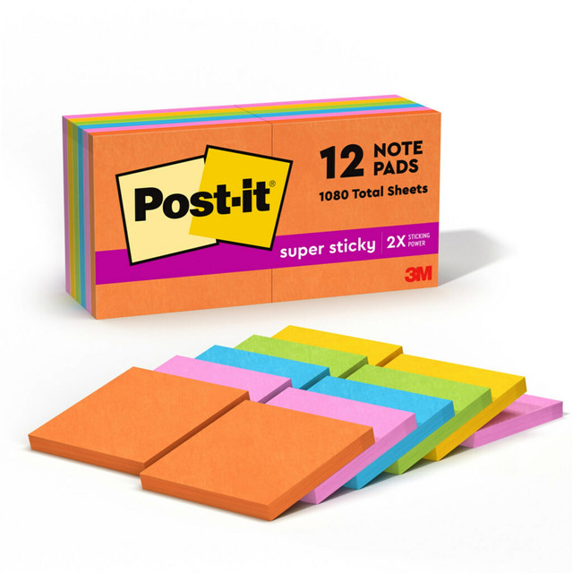 Whether jotting down your daily to-dos, brainstorming big ideas, studying or setting reminders, colors and ideas are always brighter together. These sticky notes feature 2X the sticking power. They also stick and re-stick - allowing you to move your notes with you throughout your day. They"re ideal for walls, doors, windows and other vertical surfaces, and like all Post-it Notes, they stick securely yet remove cleanly without damage. Keep your ideas across your notebooks, classroom books, calendars or other documents. No tape or tacks are needed with adhesive notes, saving you money and time on office products or school supplies. A great memo pad, these are ideal for using for notes or reminders to yourself or others. Post-it Super Sticky Notes are the perfect solution for shopping lists, reminders, notes on computer screens, time tracking, to-do lists, marking cables, color-coding documents, reminding kids to do chores, storyboarding, scratch paper and agile processing.  EXPERIENCE THE POWER OF 2X STICKINESS: Post-it Super Sticky Notes offer twice the sticking power of basic sticky notes, ensuring they stay put and wonT fall off  STICK AND RESTICK ANYWHERE: These notes adhere firmly to walls, windows, doors, and other vertical surfaces, allowing you to move your reminders with ease  VERSATILE AND ESSENTIAL: Post-it Super Sticky Notes are the perfect solution for shopping lists, reminders, to-do lists, color-coding, labeling, family chore reminders, brainstorming, storyboarding, and quick notes  TRUST THE ORIGINAL CREATOR: the one and only Post-it Note was invented over 40 years ago by the Post-it Brand  ENHANCE YOUR NOTE-TAKING EXPERIENCE: Download the free Post-it App on your smartphone or tablet to enjoy the simplicity and convenience of Post-it Notes anytime and anywhere  GET ORGANIZED: Each pack includes 12 pads of 3 in. x 3 in. notes, with 90 sheets per pad, great for stocking up your office, work area, or classroom  VARIOUS SIZES AND SHAPES: Available in different sizes, with or without lines, to cater to your specific needs  EYE-CATCHING COLORS: Vibrant and colorful reminders are more likely to grab attention and be noticed  INTRODUCING THE ENERGY BOOST COLLECTION: Uplift your spirits and messages via the vibrant, strong colors of Vital Orange, Tropical Pink, Sunnyside, Blue Paradise and Limeade from the Energy Boost collection  EXPLORE OUR COLLECTIONS: With 11 color collections, the Post-it Brand offers a wide range of options to suit every style and preference, whether at home, in school, or at the office  TRUST THE ORIGINAL CREATOR: Made in the USA with globally sourced materials, the one and only Post-it Note was invented over 40 years ago by the Post-it Brand  SUSTAINABILITY: Post-it Super Sticky Notes can be recycled