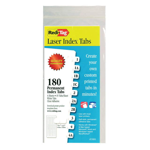 REDI-TAG CORPORATION 33001 Redi-Tag Laser Index Tabs, 7/16in x 1in, White, Pack Of 180