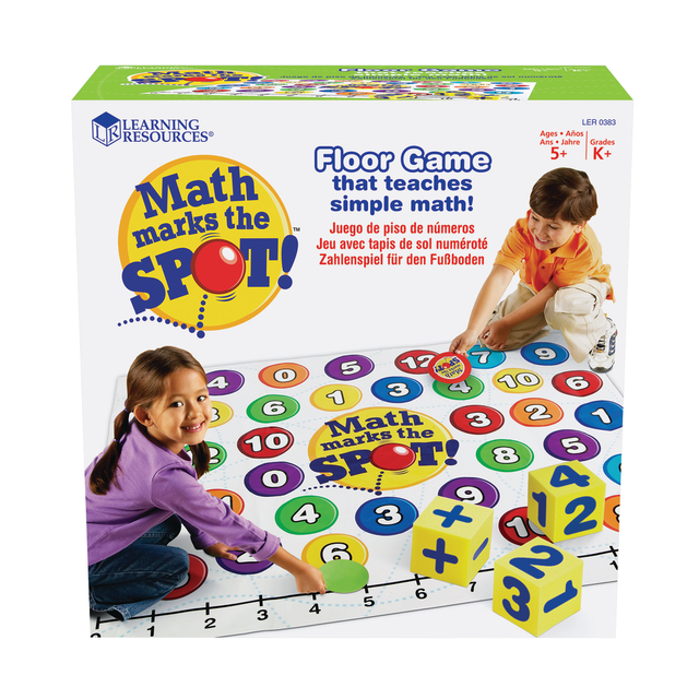 Shake, roll and race! This oversized mat game will have your kids begging to practice their math. Roll the soft foam numbers and operation dice and race to find the answer on the oversized number mat.  Durable vinyl mat. Mat features all the answers (sums and differences) to addition and subtraction problems that use numbers 1 through 6.  Game includes 3 dice and 28 cardboard game markers.