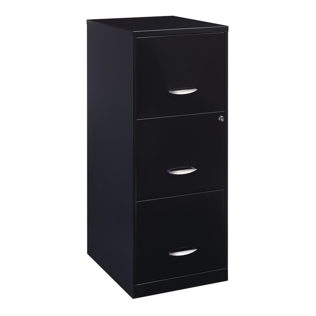 A file cabinet is an office essential. With a space-saving design that is ideal for small or personal offices, this Realspace 3-drawer vertical file cabinet delivers the organization you want with the compact footprint you need. Lock the top drawers to help protect important paperwork and enjoy smooth opening and closing thanks to the glide suspension system. With everything in its place, you can focus on what you do best.  Top 2 drawers can be locked.  Glide suspension.  High-sided drawers accept hanging file folders.  18inD 3-drawer vertical file cabinet.  Realspace 3-drawer file cabinet comes in black.  GREENGUARD Gold certified  - certified for low chemical emissions: UL.COM/GG - UL 2818. Ranked in two tiers: Certified and Gold.  Tested to meet ANSI/BIFMA Performance Standards - Manufacturer testing has been conducted on this product to meet specific performance requirements and safety standards set forth by the American National Standards Institute (ANSI) and the Business and Institutional Furniture Manufacturers.  Less harsh chemicals - made with fewer harsh chemicals, or safer chemicals than typical alternatives, helping  reduce your use of and exposure to substances that may be more harmful to your health and the environment.  Contains Recycled Content - See Specs for Details.