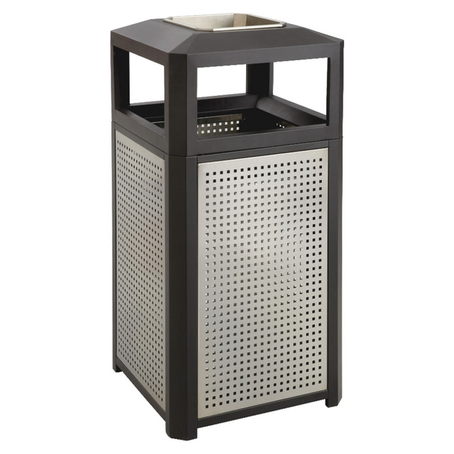 SAFCO PRODUCTS CO 9933BL Safco Evos Square Side-Open Steel Waste Receptacle With Ashtray, 15-Gallon Capacity, Black/Gray