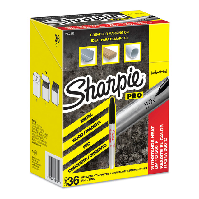 These Sharpie Industrial Permanent Markers feature ink that's specially formulated to stay strong in the face of extreme heat conditions. Designed for industrial and laboratory users, the rich black marker writes on a variety of hard-to-mark surfaces including metal, glass and plastic. The durable fine tip creates strong, precise marks while the ink resists smearing and fading. Sharpie Industrial markers get even tough jobs done.  Bold ink is engineered to withstand intense heat of up to 500F  Specially designed for industrial and laboratory users  Fine tip creates bold, detailed lines on a variety of surfaces including metal, glass, film and plastic  Quick-drying permanent ink is water, fade and smear resistant  Bold, bright ink marks on wet and oily surfaces.  Withstands extreme heat and steam up to 500 F.  Creates clear lines on plastic, wood, stone, foil, metal, corrugate and leather.  Quick-drying ink is fade and water-resistant.  Sold as 36/Pack.