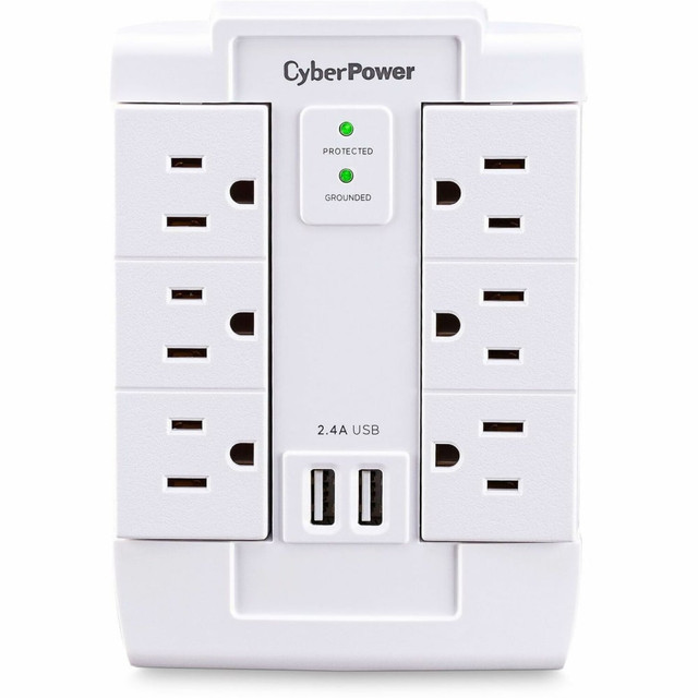 CYBERPOWERPC CSP600WSURC2 CyberPower CSP600WSURC2 6-Outlet Swivel Professional Surge Protector Wall Tap With 2 USB Ports, White CYBERPOWERPC CSP600WSURC2 CyberPower CSP600WSURC2 6-Outlet Swivel Professional Surge Protector Wall Tap With 2 USB Ports, White