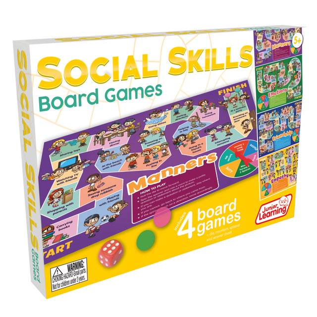 Help your kids or students develop meaningful social skills with these Junior Learning 4 Social Skills Board Games. These games teach the topics of empathy, friendship, manners and emotions so your kid can learn how to better connect with others.  Uses different game play styles such as action games and sentence building games that keep children entertained while learning about topics like empathy, friendship, manners and emotions.  Contains 4 board games, 6 counters, spinner, die and answer sheet.  Ideal for ages 5 and up.