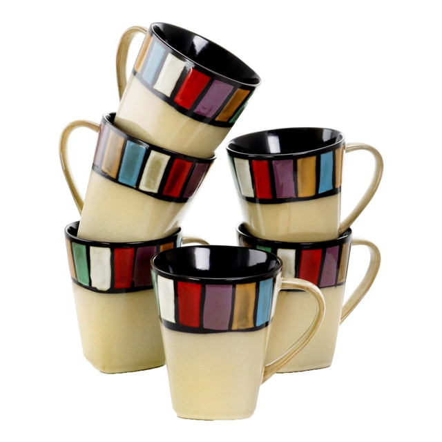 MEGAGOODS, INC. Elama 995111400M  14-Oz. Stoneware Mugs, Melange, Multicolor, Set Of 6 Mugs