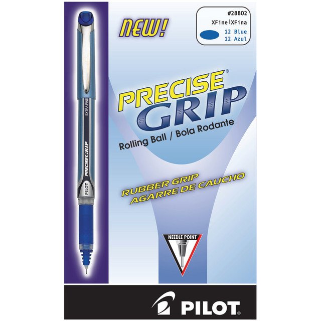Extended conference calls and classes can make taking notes uncomfortable. These Pilot pens have a dimpled rubber grip that provides exceptional comfort and control during a long meeting, so your notes stay neat and legible when you review them later on.  Precise Grip pens have a pocketed grip that helps you write longer. Write in comfort for hours - with no aching or redness! The textured rubber grip prevents slippage while providing pinpoint writing control.  Liquid ink is water- and fade-resistant. Feel safe using it on your most valuable documents - from scrapbooks to checks!  Nonrefillable.  Extra-fine-point pens with blue ink are great for everyday writing.
