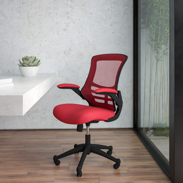 FLASH FURNITURE BLX5MRED  Mesh Mid-Back Swivel Task Chair With Flip-Up Arms, Red/Black