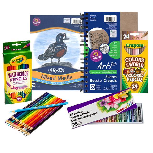 Kids will love creating their next masterpiece with the Educators Resource Arts & Crafts Kit 3. The kit includes a variety of drawing utensils as well as a sketch diary and art paper to let budding artists work on drawing after drawing.  24 Crayola watercolor pencils, 12 Sargent Art metallic colored pre-sharpened pencils, 24 Crayola Colors of the World Colored Pencils and 25 Pentel oil pastels let children work on drawings and doodles.  Pacon Art1st Create Your Own Cover Sketch Diary offers 50 sheets of white drawing paper and a natural chip cover.  Also comes with 60 sheets of heavyweight, medium tooth Pacon Art1st Mixed Media Art Paper.  Designed for students in grades 3 to 8.