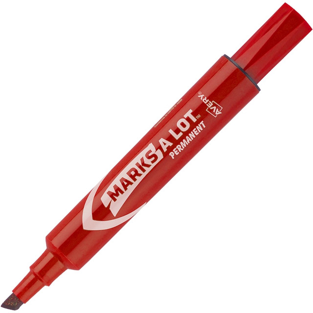 AVERY PRODUCTS CORPORATION 07887 Avery Marks-A-Lot Regular Desk-Style Permanent Markers, Chisel Tip, 4.76 mm, Red Barrel, Red Ink, Pack Of 12 Markers