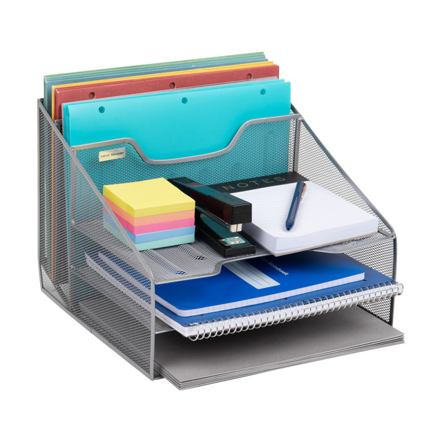 EMS MIND READER LLC MESHBOX5-SIL Mind Reader Desktop Vertical Paper Tray Organizer, 9-1/2in H x 11-1/2in W x 12-1/2in D, Silver