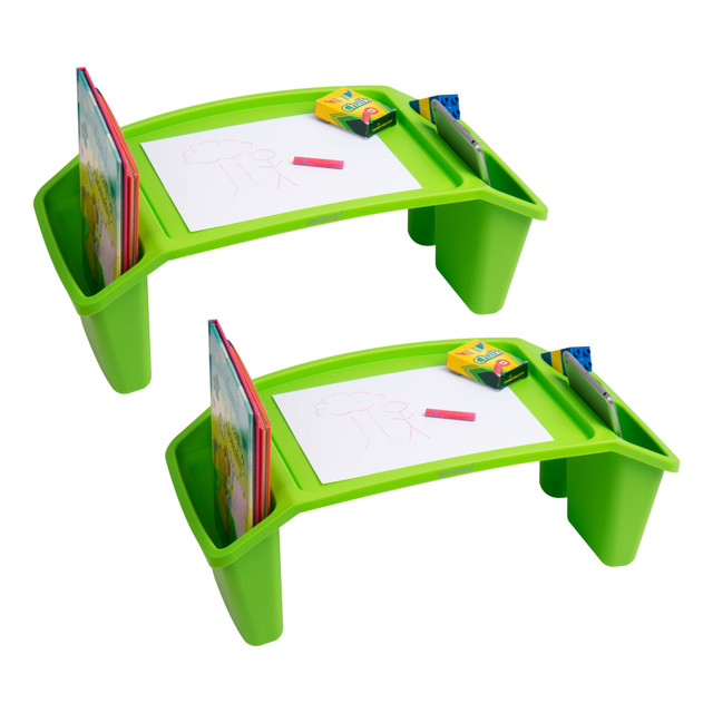 Introduce convenience and portability into your childs routine with this set of two portable lap desks. A versatile solution for kids who need a stable surface for various activities, from playing and drawing, to snacking or using a laptop or tablet. Ideal for use on the couch, bed, or floor, these lap desks can turn any place into a comfortable workstation, making them perfect for sick days, rainy days, or everyday use. Despite their robust construction, these lap desks are incredibly lightweight at just 1.2 lbs (0.07 kg), making them easy to move from room to room or take along on vacation. With three side pockets, they offer additional storage space for keeping essential items within reach during or after playtime.  Promotes good posture: Ensure your child maintains proper posture by using this portable tray, which elevates their items to a comfortable height, reducing the need to slouch over  Versatile functionality: Whether your child is enjoying a meal, engaging in creative activities like drawing, or focusing on homework, this portable desk with three pockets provides ample space to accommodate various needs  Easy to clean: The sturdy plastic lap desk features an easy-to-clean surface that can be quickly wiped clean with a damp cloth and mild dish detergent, making maintenance a breeze  Convenient storage: When not in use, this tray stacks neatly in a closet or storage space, maximizing space efficiency. Alternatively, you can keep it nearby to serve as a storage solution for small items  Optimal dimensions: With dimensions of 10.75 inches long x 22.25 inches wide x 8.5 inches tall (23.3 x 56.52 x 21.6 centimeters), this portable desk is designed to fit perfectly around your childs lap, providing a comfortable and functional workspace