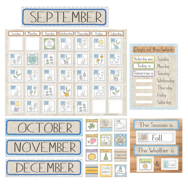 Decorate your classroom with the Eureka A Close-Knit Class Calendar 107-Piece Bulletin Board Set. Printed on heavyweight card stock, this set is designed with full-color illustration that gives your classroom a fun look.  Heavyweight card stock construction for durability.  Full-color illustration provides a fun look.  Punch-out design offers ease-of-use.  Includes a 17in x 24in giant calendar, 12 month headings, 33 dates, 37 special days, 1 days of the week chart with Today Is, Yesterday Was, and Tomorrow Is indicators, and 1 seasonal chart with various weather and temperature indicators.