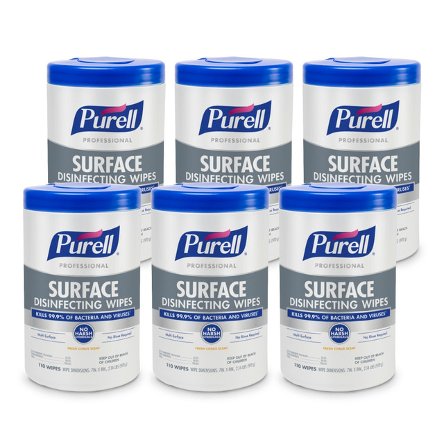 Create a positive impression with PURELL Professional Surface Disinfecting Wipes. These wipes quickly sanitize and disinfect most hard surfaces and kill 99.9% of viruses and bacteria, including cold & flu, strep, norovirus, Listeria, and human coronavirus. Because there are no precautionary statements and no harsh chemicals, gloves, handwashing, and rinsing aren't needed - even on food-contact surfaces.  Kills human coronavirus (COVID-19) in 30 seconds  Thick, premoistened surface wipes make it easy to disinfect high-touch hard surfaces throughout the day and help promote well-being in your facility with a convenient and fast solution  Kills 99.9% of viruses and bacteria, including cold & flu, strep, norovirus, and Listeria, plus they eliminate human coronavirus in just 30 seconds  Developed to tackle the unique sanitizing needs different environments have by choosing mild ingredients that are tough on pathogens; EPA Toxicity Category IV Best Possible Safety Rating  There are no precautionary statements and no harsh chemicals, so gloves, handwashing, and rinsing are not needed - even on food-contact surfaces  Case includes: 6 - PURELL Professional Disinfecting Wipes, 110 Count Canister, 7inx 8in Wipes