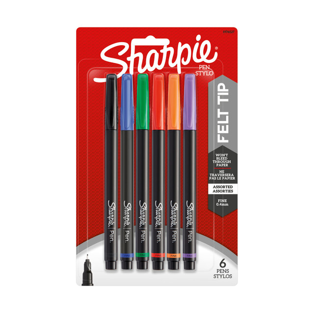 NEWELL BRANDS INC. 1751690 Sharpie Pens, Fine Point, 0.4 mm, Black Barrels, Assorted Ink Colors, Pack Of 6 NEWELL BRANDS INC. 1751690 Sharpie Pens, Fine Point, 0.4 mm, Black Barrels, Assorted Ink Colors, Pack Of 6