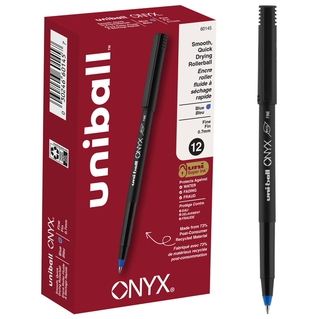 NEWELL BRANDS INC. 60145 uni-ball Onyx Rollerball Pens, Fine Point, 0.7 mm, Black Barrel, Blue Ink, Pack Of 12