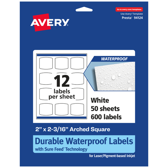 AVERY PRODUCTS CORPORATION 94124-WMF50 Avery Waterproof Permanent Labels With Sure Feed, 94124-WMF50, Arched Square, 2in x 2-3/16in, White, Pack Of 600 AVERY PRODUCTS CORPORATION 94124-WMF50 Avery Waterproof Permanent Labels With Sure Feed, 94124-WMF50, Arched Square, 2in x 2-3/16in, White, Pack Of 600
