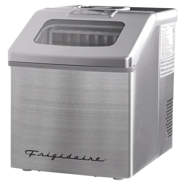 Use the Frigidaire 40-Lb Freestanding Ice Maker and keep drinks nice and cold. The easy-to-use control panel offers indicators to keep your informed, and the unit can make up to 40 lb of ice in a single day.  Helps make up to 40 lb of ice in a day.  Fully automatic control system helps make large, square cubes to keep drinks cold.  Stainless-steel construction is sleek and strong.  Large ice bucket stores up to 2.4 lb at once.  Control panel is easy to use and features indicators to let you know when to add water or when the bucket is full of ice.  Water-draining port to make maintenance and cleaning simple.  Auto shut down feature to offer safe operation.  UL listed.