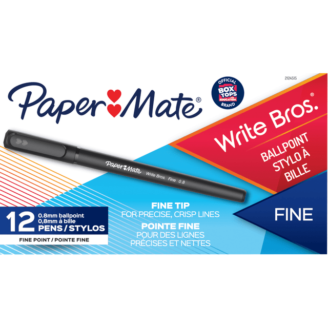 NEWELL BRANDS INC. 2124515 Paper Mate Write Bros Ballpoint Stick Pens, 0.8 mm, Fine Point, Black Barrel, Black Ink, Pack Of 12 Pens