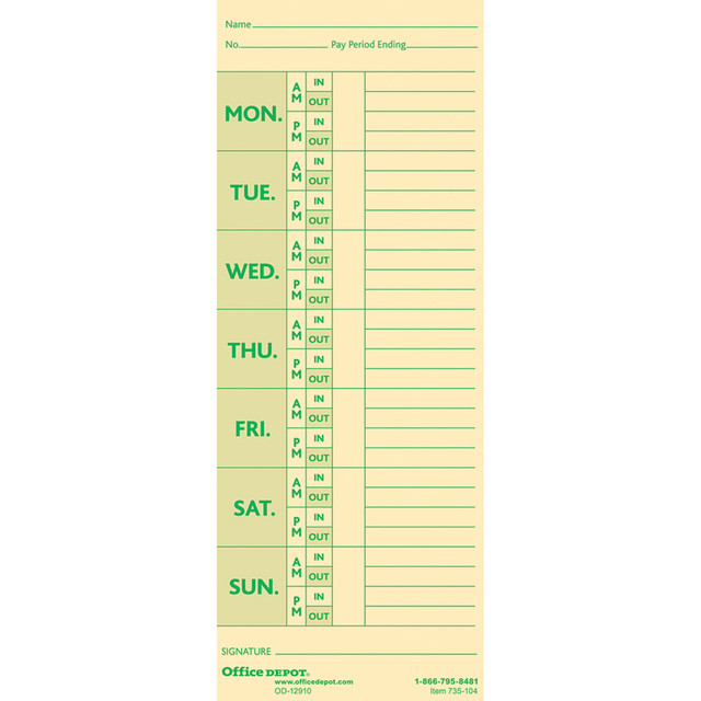 OFFICE DEPOT ODV735104 Brand Time Cards With Deductions, Weekly, Monday-Sunday Format, 2-Sided, 3 3/8in x 8 7/8in, Manila, Pack Of 100 OFFICE DEPOT ODV735104 Brand Time Cards With Deductions, Weekly, Monday-Sunday Format, 2-Sided, 3 3/8in x 8 7/8in, Manila, Pack Of 100