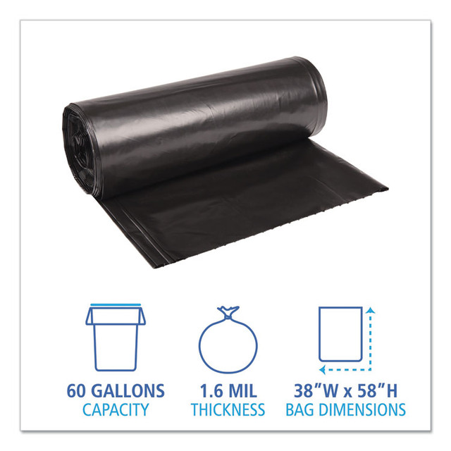 BOARDWALK 523 Recycled Low-Density Polyethylene Can Liners, 60 gal, 1.6 mil, 38" x 58", Black, Perforated, 10 Bags/Roll, 10 Rolls/Carton