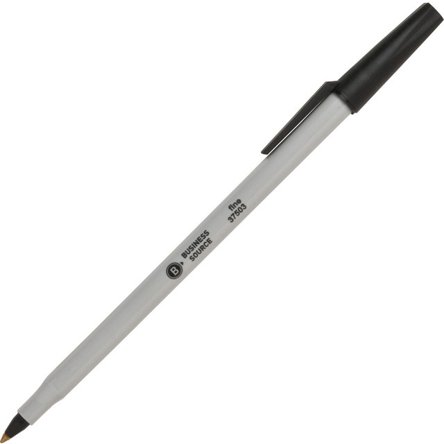 SP RICHARDS Business Source 37503  Fine Point Ballpoint Stick Pens - Fine Pen Point - Black - Light Gray Barrel - Stainless Steel Tip - 1 Dozen