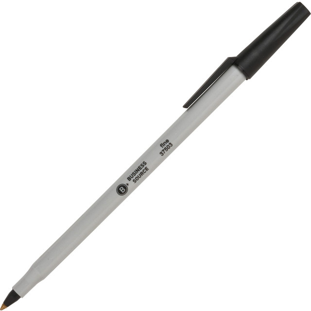 SP RICHARDS 37503 Business Source Fine Point Ballpoint Stick Pens - Fine Pen Point - Black - Light Gray Barrel - Stainless Steel Tip - 1 Dozen