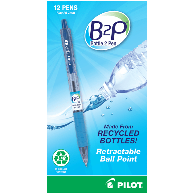 PILOT CORPORATION OF AMERICA 34601 Pilot B2P "Bottle To Pen" Retractable Ballpoint Pens, Fine Point, 0.7 mm, , Transparent Blue Barrel, Blue Ink, Pack Of 12