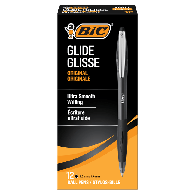 BIC CORP VCG11-BLK BIC Glide Retractable Ballpoint Pens, Medium Point, 1.0 mm, Clear Barrel, Black Ink, Pack Of 12