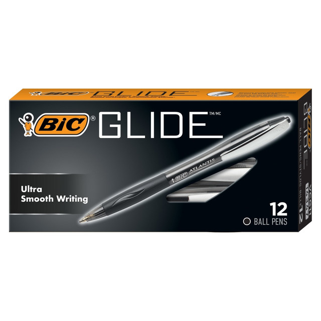 BIC CORP BIC VCG11-BLK  Glide Retractable Ballpoint Pens, Medium Point, 1.0 mm, Clear Barrel, Black Ink, Pack Of 12