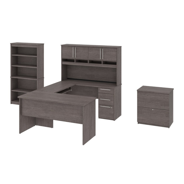 BESTAR INC. 92855-000047 Bestar Innova U- or L-Shaped Desk With Hutch, Lateral File Cabinet and Bookcase, Bark Gray