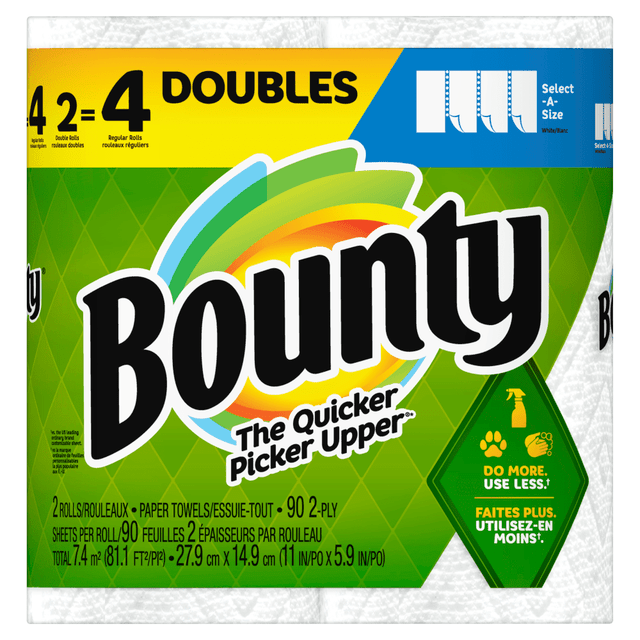 THE PROCTER & GAMBLE COMPANY Bounty 30772061220  Select-A-Size 2-Ply Paper Towels, Double Roll, 11in x 6in, White, 90 Sheets Per Roll, Pack Of 2 Rolls