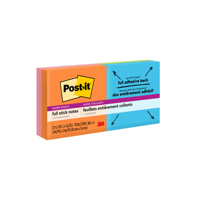 3M CO Post-it F330-16SSAU  Super Sticky Full Stick Notes, 3 in x 3 in, Energy Boost Collection, 25 Sheets Per Pad, Pack Of 16 Pads