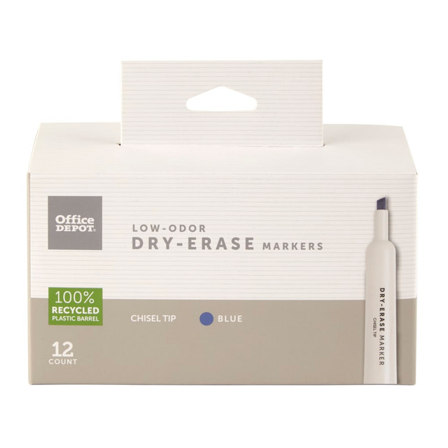 OFFICE DEPOT W-3113BL12 Brand Low-Odor Dry-Erase Markers, Chisel Point, 100% Recycled Plastic Barrel, Blue, Pack Of 12 OFFICE DEPOT W-3113BL12 Brand Low-Odor Dry-Erase Markers, Chisel Point, 100% Recycled Plastic Barrel, Blue, Pack Of 12