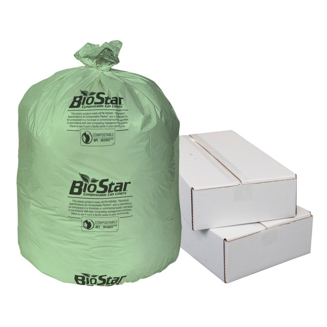 PITT PLASTICS INC. Highmark BSS8980XN  Bio Star Compostable 1-mil Trash Can Liners, 32 Gallons, Green, Pack Of 150