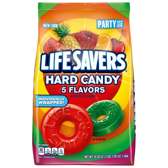 Make friends by sharing this bag of Life Savers candy. The bag includes a variety of Life Savors flavors, so you can re-stock your candy dish with everyones favorite fruity candies.  Pack contains 5 different flavors. Flavors include cherry, raspberry, watermelon, orange and pineapple.  Candies are individually wrapped so you can grab some now and save them for later.  Fat free.  Bag includes 50 oz of candy so you can share with friends.
