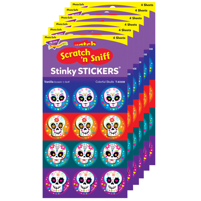 EDUCATORS RESOURCE T-83308-6 Trend Stinky Stickers, Colorful Skulls/Vanilla, 48 Stickers Per Pack, Set Of 6 Packs EDUCATORS RESOURCE T-83308-6 Trend Stinky Stickers, Colorful Skulls/Vanilla, 48 Stickers Per Pack, Set Of 6 Packs