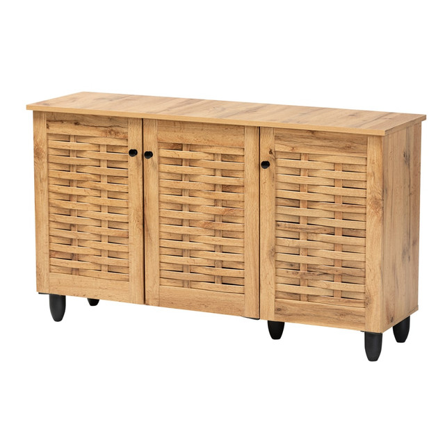 WHOLESALE INTERIORS, INC. 2721-11988 Baxton Studio Winda 45inW 3-Door Shoe Cabinet, Oak Brown WHOLESALE INTERIORS, INC. 2721-11988 Baxton Studio Winda 45inW 3-Door Shoe Cabinet, Oak Brown