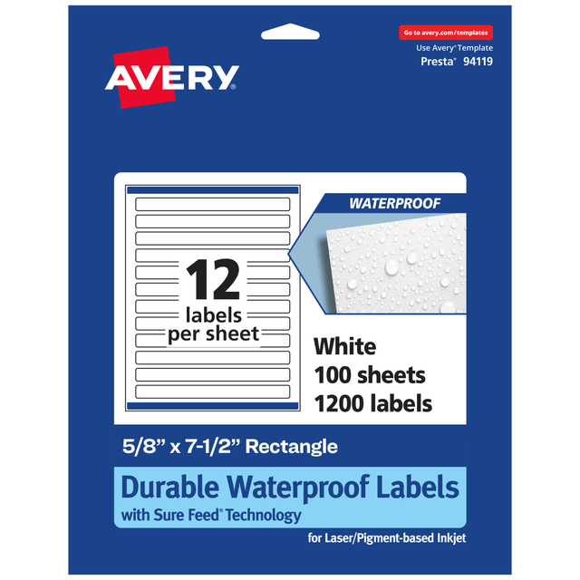 AVERY PRODUCTS CORPORATION 94119-WMF100 Avery Waterproof Permanent Labels With Sure Feed, 94119-WMF100, Rectangle, 5/8in x 7-1/2in, White, Pack Of 1,200 AVERY PRODUCTS CORPORATION 94119-WMF100 Avery Waterproof Permanent Labels With Sure Feed, 94119-WMF100, Rectangle, 5/8in x 7-1/2in, White, Pack Of 1,200