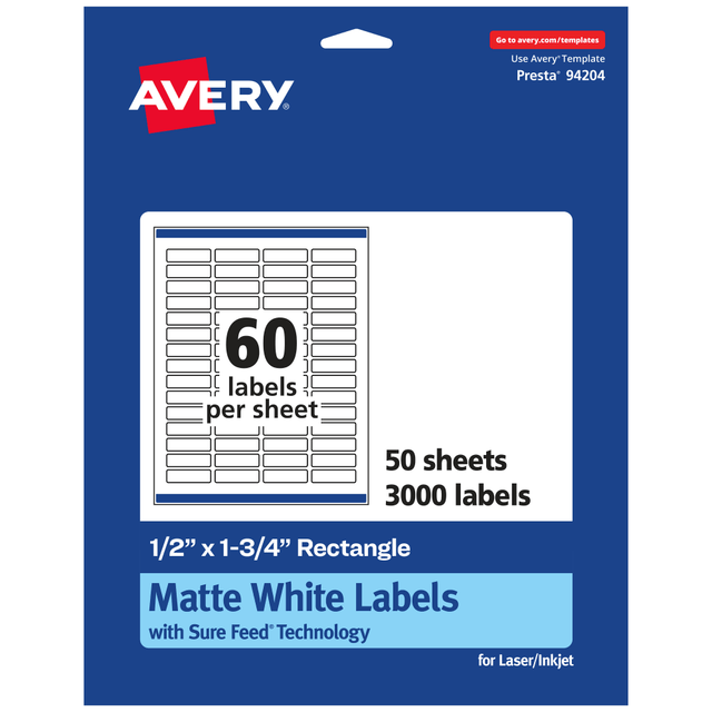AVERY PRODUCTS CORPORATION 94204-WMP50 Avery Permanent Labels With Sure Feed, 94204-WMP50, Rectangle, 1/2in x 1-3/4in, White, Pack Of 3,000 AVERY PRODUCTS CORPORATION 94204-WMP50 Avery Permanent Labels With Sure Feed, 94204-WMP50, Rectangle, 1/2in x 1-3/4in, White, Pack Of 3,000
