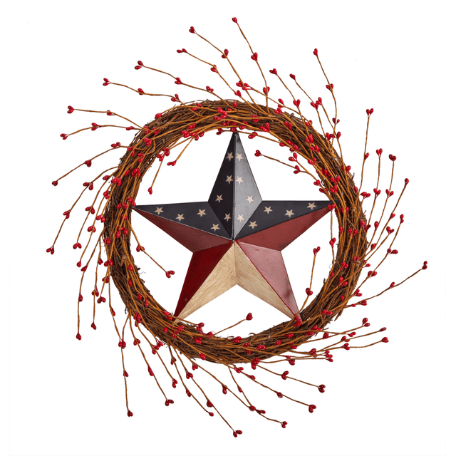 NEARLY NATURAL INC. W1215 Nearly Natural Americana Patriotic Star 20inH Artificial Wreath, 20inH x 20inW x 3-1/2inD, Red/White/Blue