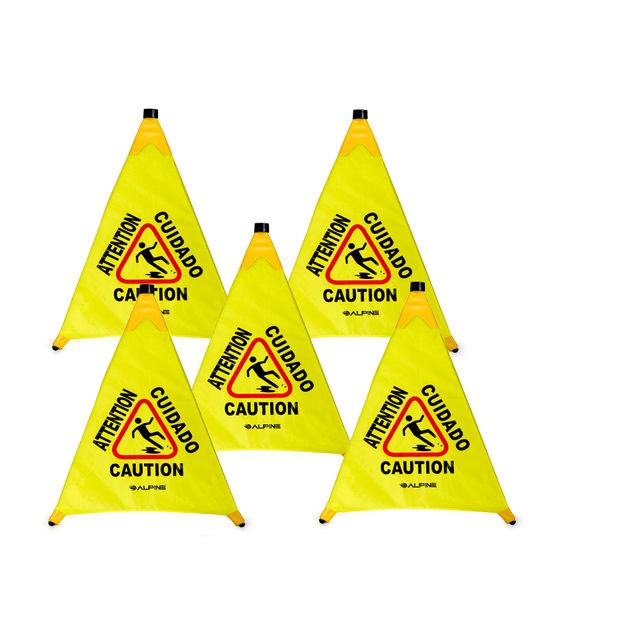 ADIR CORP. ALP498-30-5PK Alpine Industries Multilingual Pop-Up Wet Floor Signs, 32-7/8in x 3in, Yellow, Pack Of 5 Signs