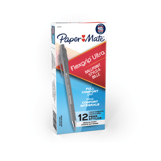 NEWELL BRANDS INC. Paper Mate 95301-1  FlexGrip Ultra 42% Recycled Retractable Pens, Medium Point, 1.0 mm, Gray Barrel, Black Ink, Pack Of 12