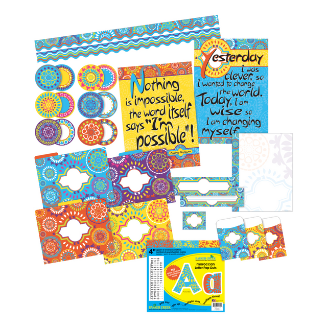 Customize the look of your classroom with this Barker Creek Moroccan Bulletin Board Set. The 479-piece set comes with a variety of bulletin board accents, borders, nameplates and more, all with Moroccan-inspired designs to create an all-encompassing theme to your room.  479-piece set includes borders, nameplates, accents, self-adhesive name tags, peel-and-stick pockets, 39ft of double-sided border and 255 letter/number/punctuation pop-outs.  Decorate your bulletin board with the 255-piece pop-out set, which includes letters, numbers and punctuation in English and Spanish.  Double-sided borders, nameplates and accents offer versatile use.  Self-adhesive name tags are ideal for identifying students and visitors.  Attach the peel-and-stick pockets to bulletin boards or file folders.  Durable card stock is compatible with most printers.  Moroccan-inspired designs offer a stylish look.