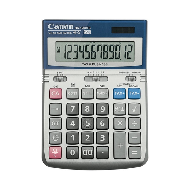 The Canon HS-1200TS may be small in terms of dimensions, but this portable desktop calculator is enhanced with many sophisticated features. The 12-digit, upright angled, liquid crystal display provides large, easy-to-read numbers for maximum viewing comfort.  The display indicates the operation symbol (+, -, x, ?) during a calculation and will also show the equals sign (=) when your result is displayed.  The high-quality keys on the HS-1200TS incorporate a "PC-like" keyboard touch to help confirm data entry with every press of a key.  This enhanced accuracy will assist you when calculating important business and sales numbers such as the cost, selling price or the desired profit margin of an item.