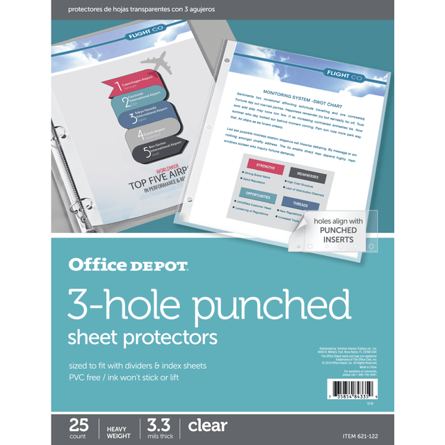 OFFICE DEPOT 621122  Brand 3-Hole Punched Sheet Protectors, 8-1/2in x 11in, Clear, Pack Of 25