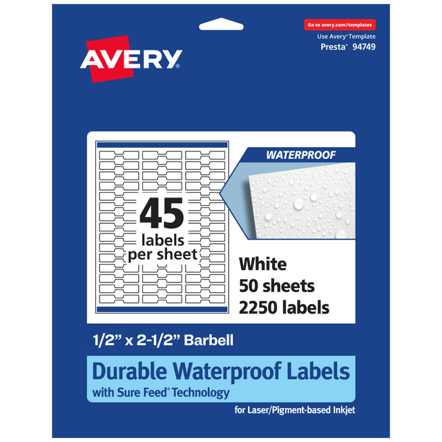 AVERY PRODUCTS CORPORATION 94749-WMF50 Avery Waterproof Permanent Labels With Sure Feed, 94749-WMF50, Barbell, 1/2in x 2-1/2in, White, Pack Of 2,250 AVERY PRODUCTS CORPORATION 94749-WMF50 Avery Waterproof Permanent Labels With Sure Feed, 94749-WMF50, Barbell, 1/2in x 2-1/2in, White, Pack Of 2,250