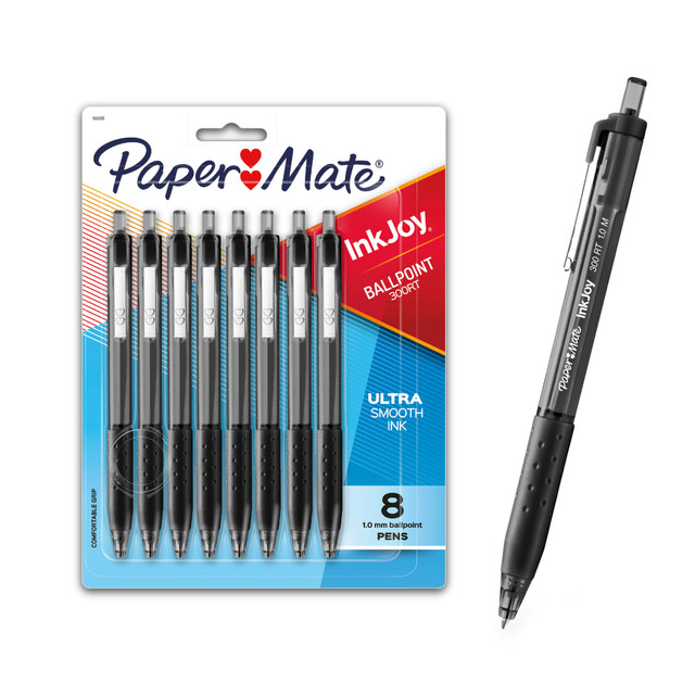 Click, smile and go! Paper Mate InkJoy 300RT retractable ballpoint pens let your words and ideas flow in bold black color. The ultra-smooth writing system never drags, plus each ballpoint pen has a comfortable rubberized grip that feels great in your hand. Liven things up and spread joy with Paper Mate InkJoy!  Ultra-smooth black ink keeps the fun and ideas flowing  Reliable and fluid 1.0mm medium tip draws bold lines from beginning to end  Retractable design is ready to write with just a click  Comfortable grip feels good in your hand  Includes 8 black ballpoint pens